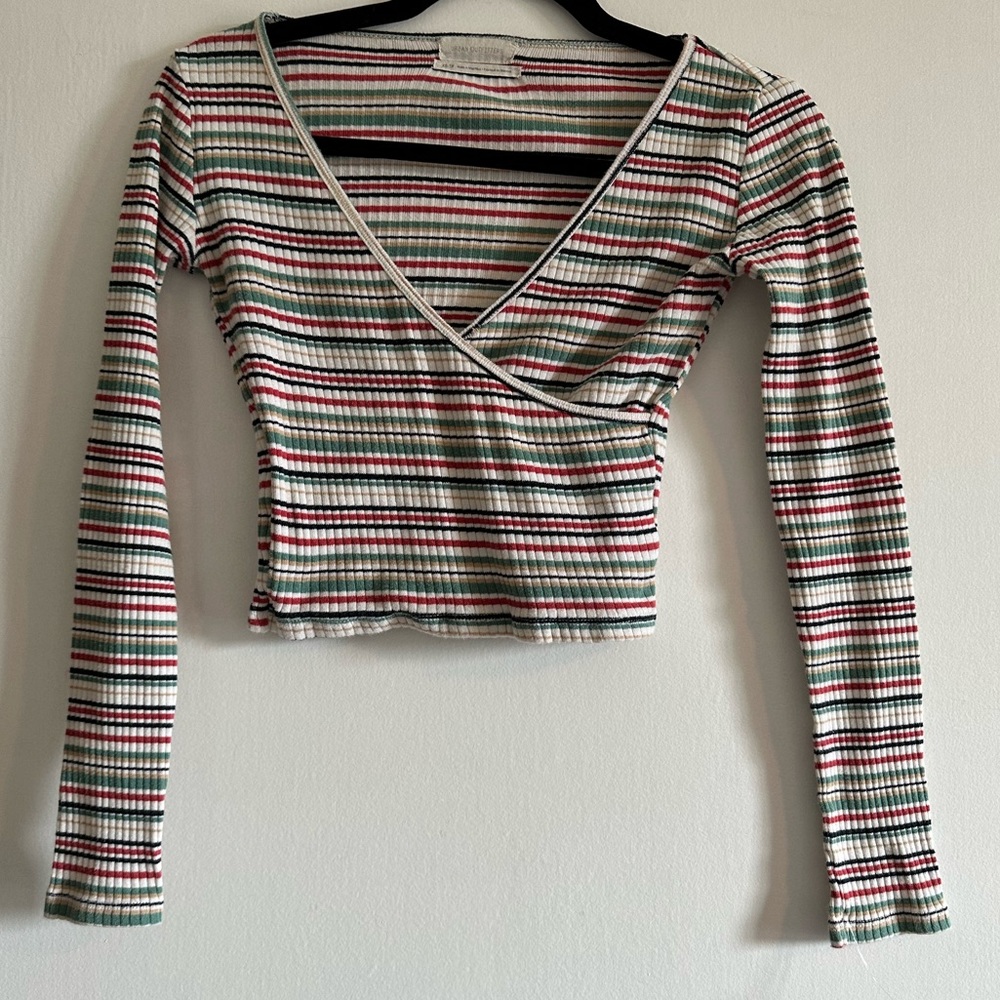 Urban Outfitters Multicolor Striped Long Sleeve Faux Wrap Crop Top Size XS EUC